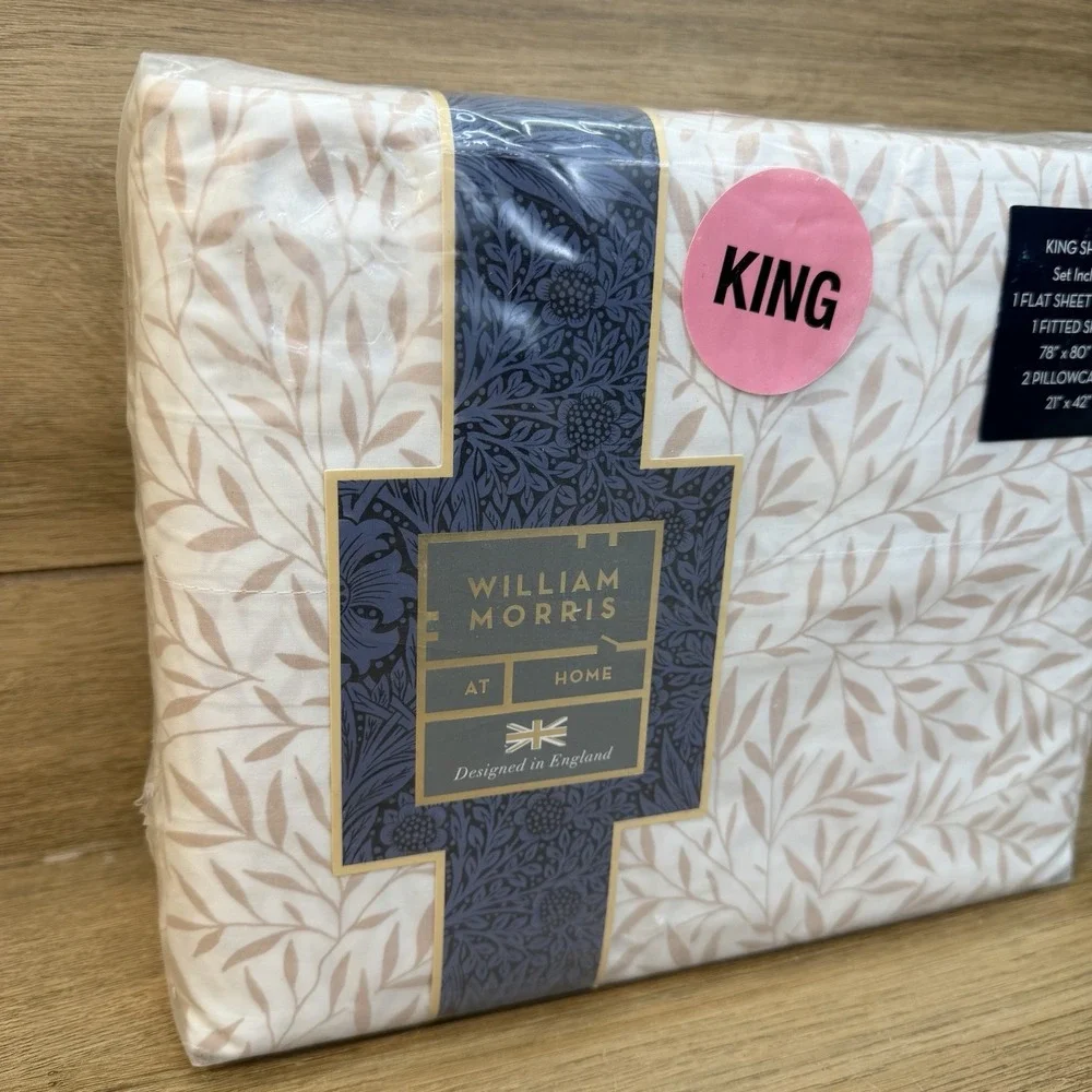 WILLIAM MORRIS KING Cotton Percale Sheet Set Leaf Plaster Tan Floral Cottage
